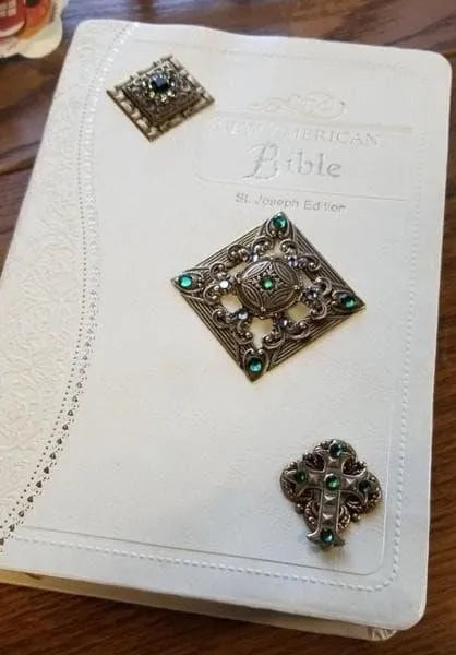 NAB Ornate Brass Jeweled Bible White - DeMartineau