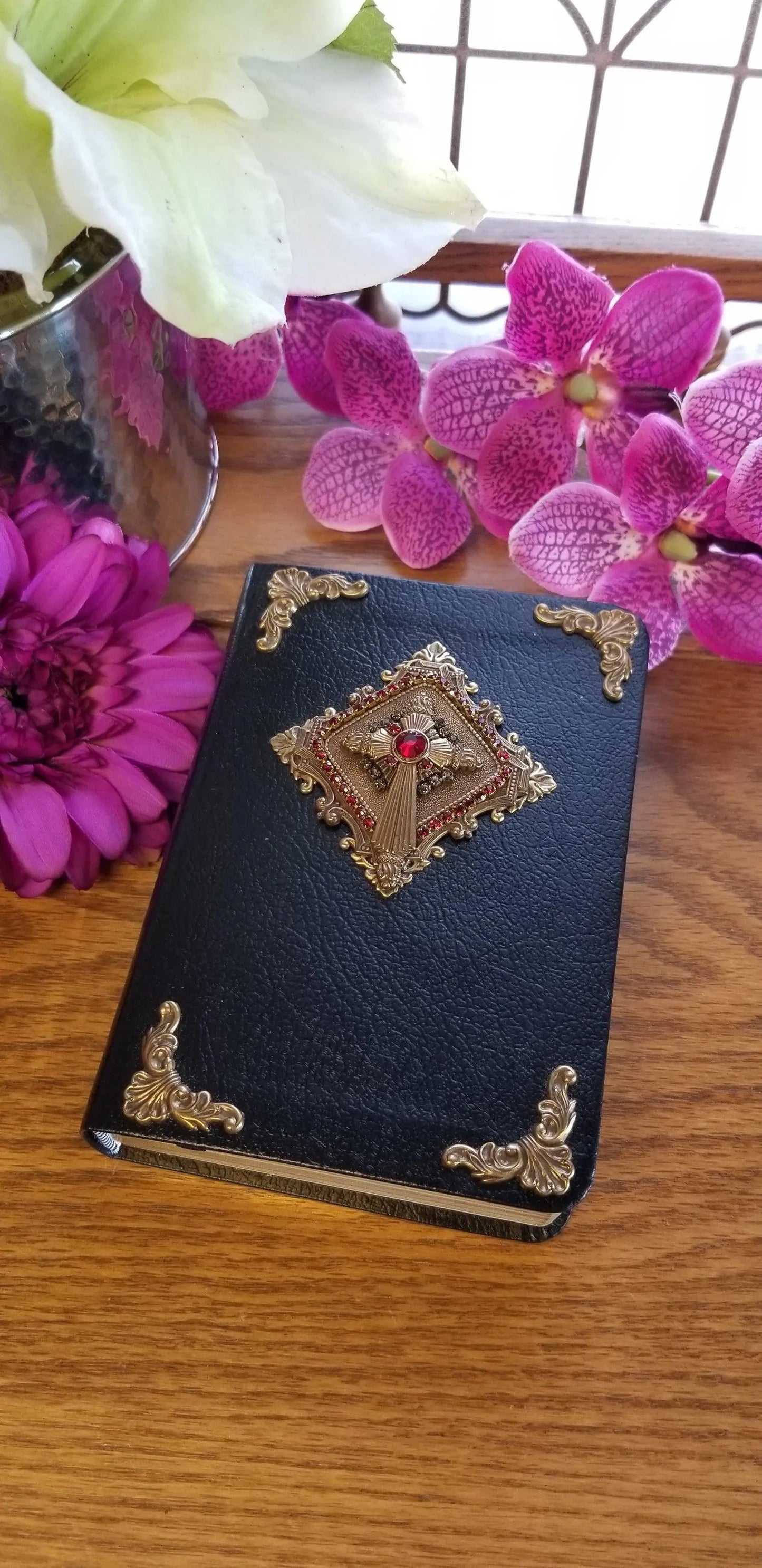 Antiqued Brass and Red Accents Bible - Choice of KJV or NKJV Compact Edition - DeMartineau