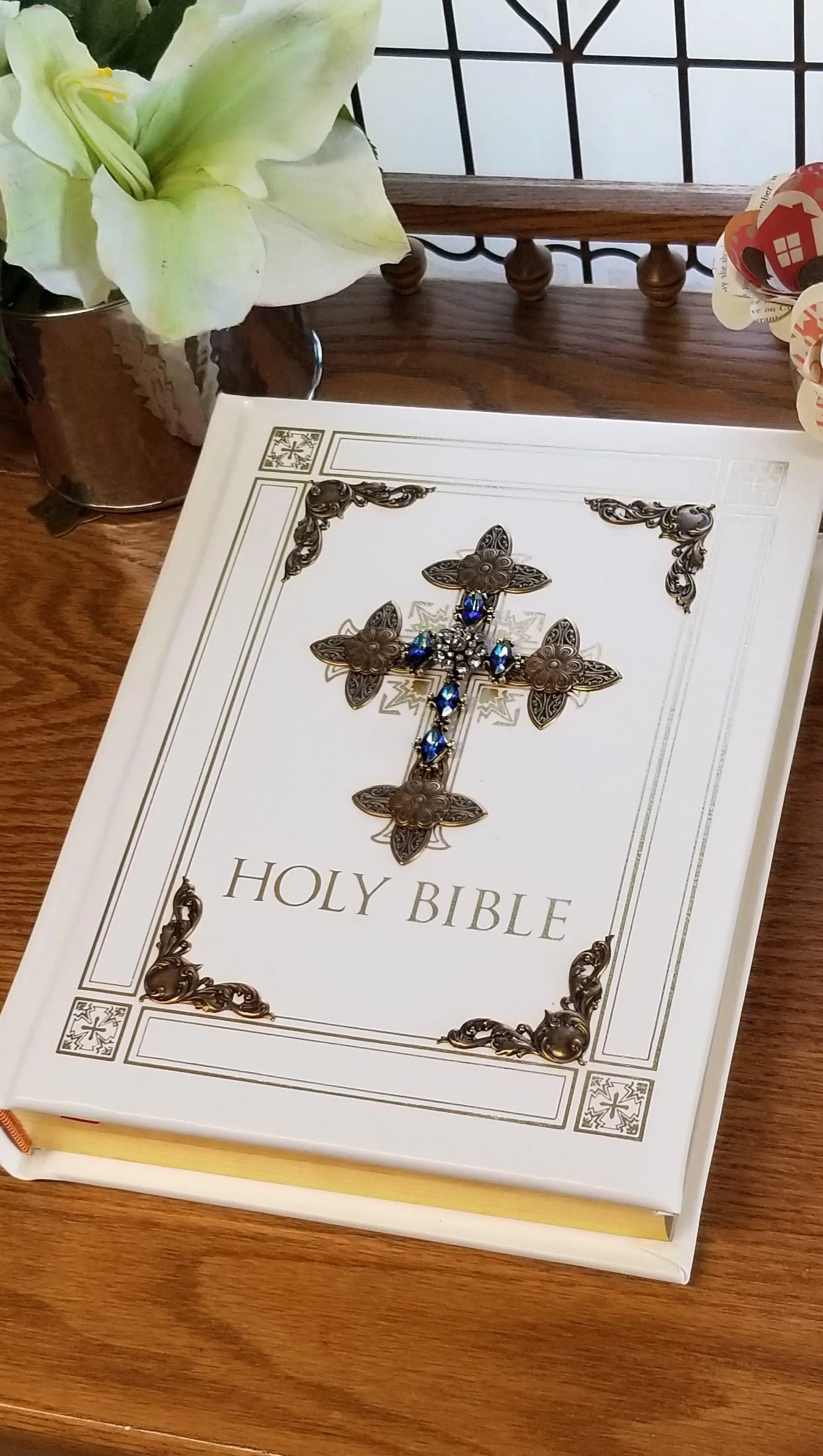 RSV Sapphire Crystal Jeweled Catholic Family Bible - White Retired - DeMartineau