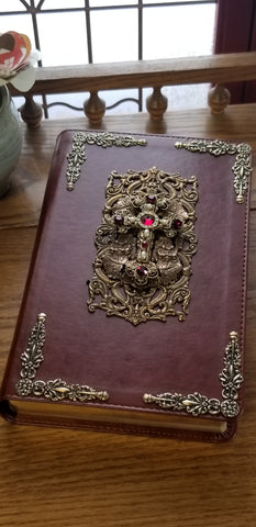 NKJV Ruby Crystals Decorated Cross Jeweled Bible Brown