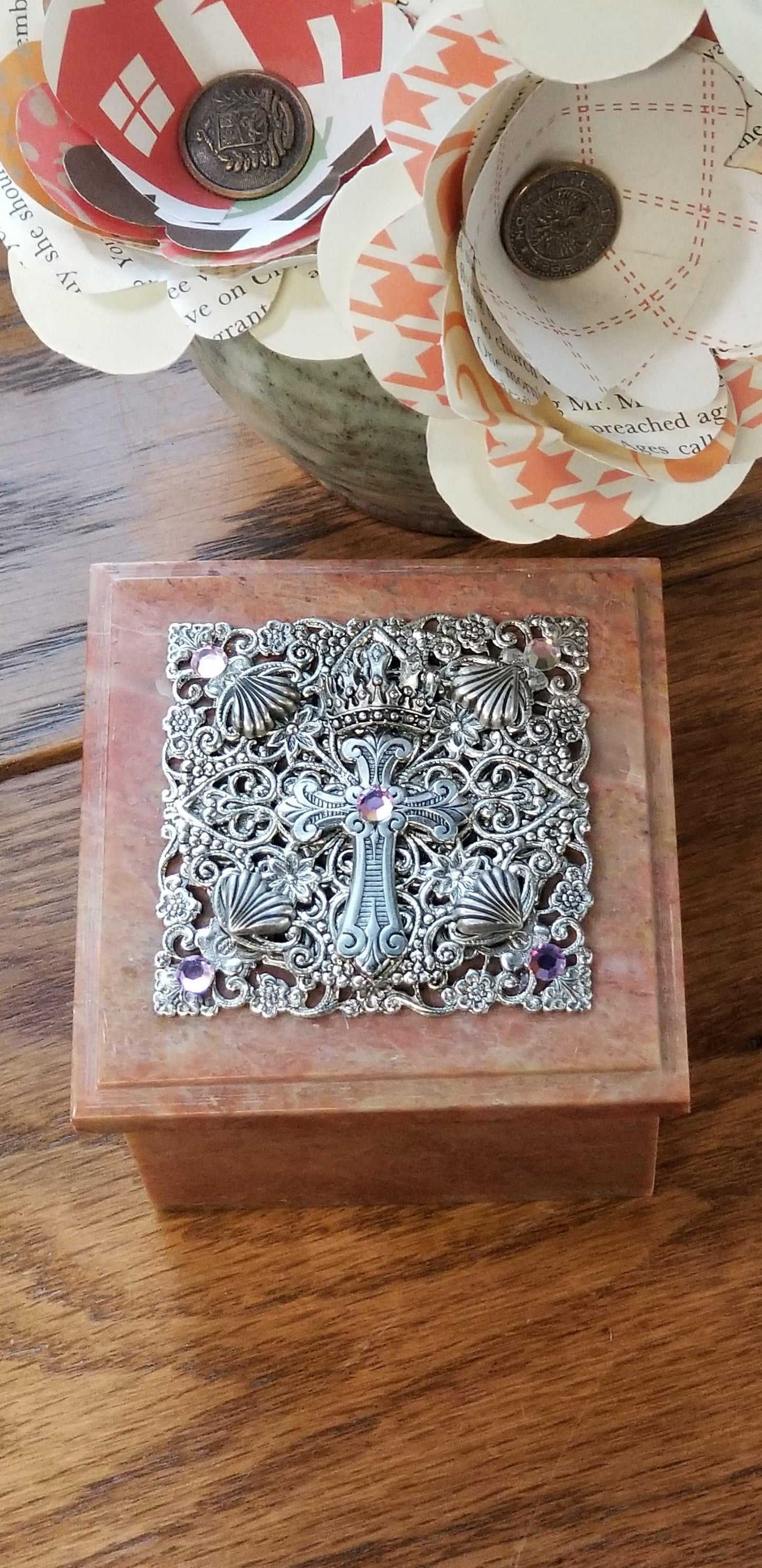 Pink Stones & Cross Baby Keepsake Soapstone Box - DeMartineau