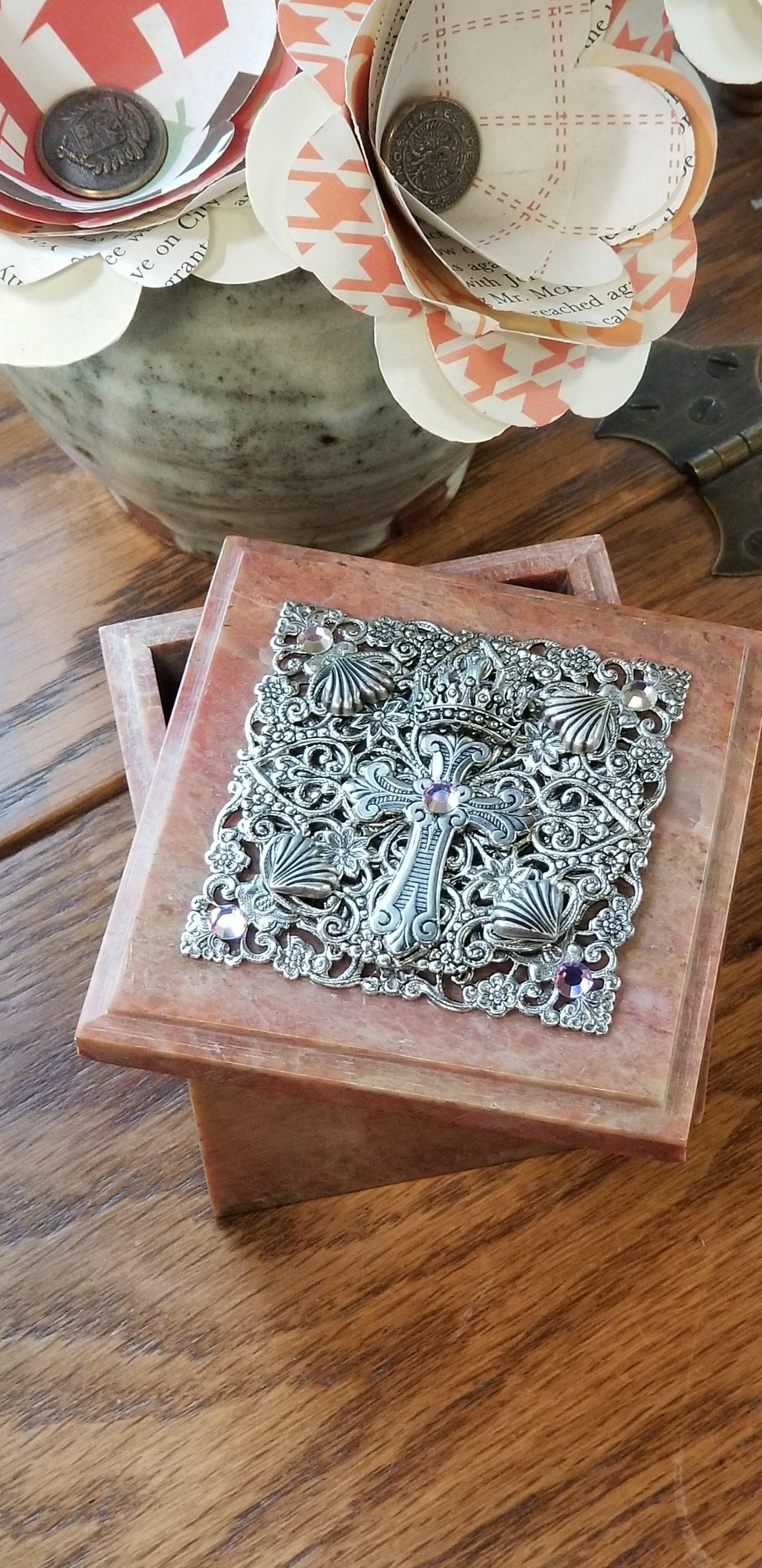 Pink Stones & Cross Baby Keepsake Soapstone Box