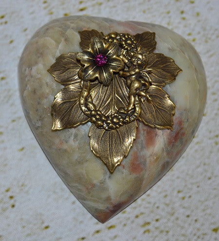 Heart Paperweight Pink Flower and Cupid - DeMartineau