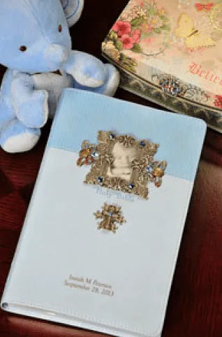 NIV Baby Boy Keepsake Frame and Cross Jeweled Bible-Blue - DeMartineau