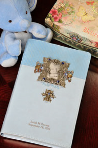 Full Image NIV Baby Boy Keepsake Frame and Cross Jeweled Bible-Blue