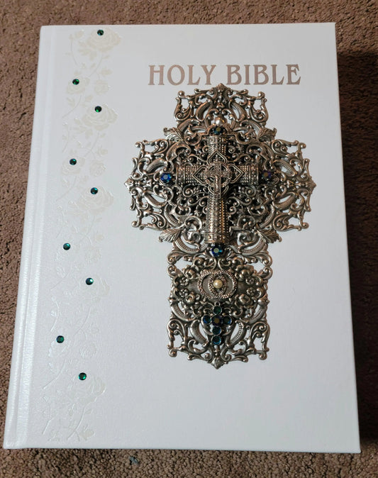 NABre Jeweled Catholic Wedding Bible-White with Blue/green stones - DeMartineau