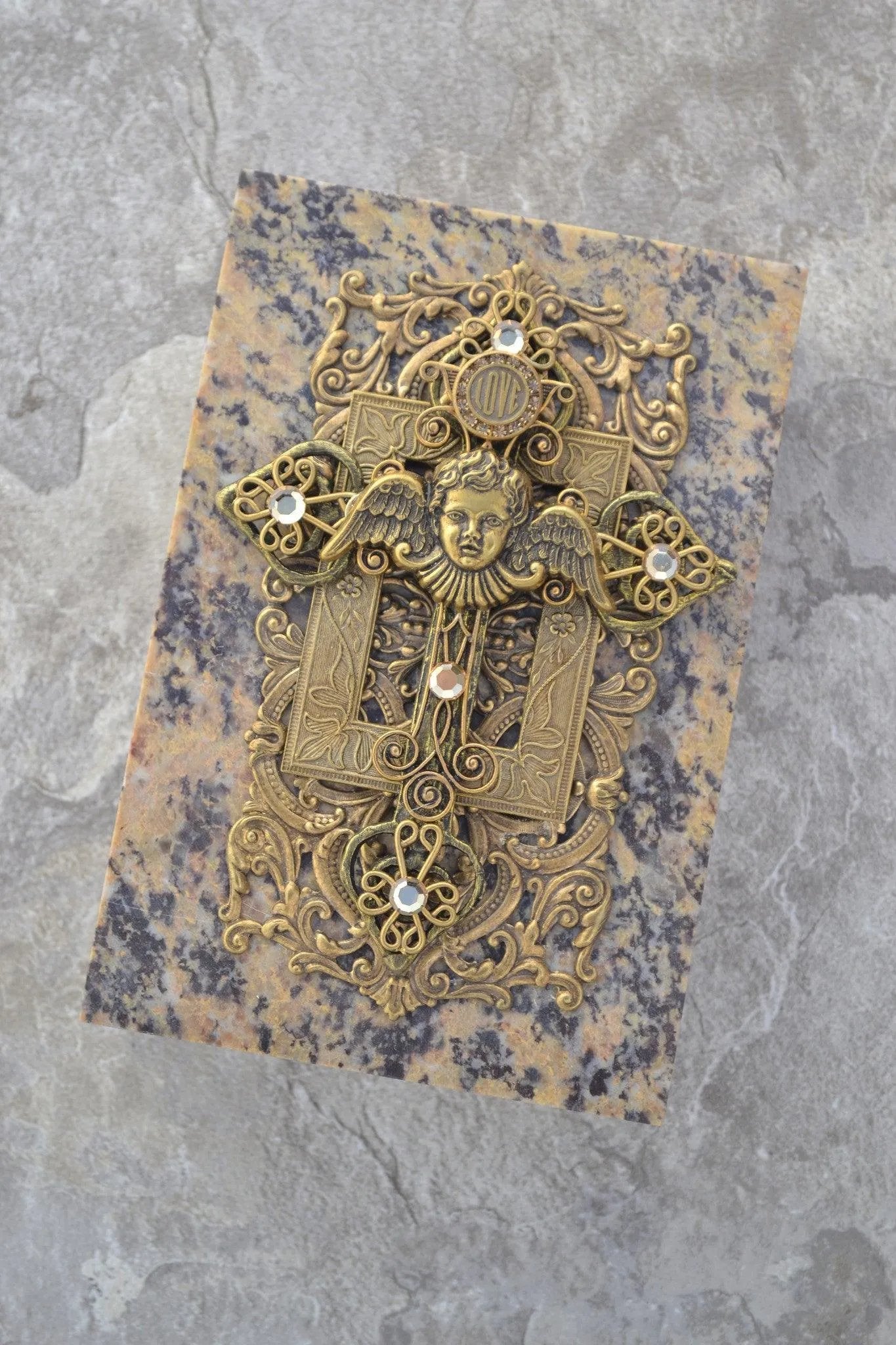 Dacole Designs angel cross soapstone keepsake box with intricate gold angel and cross detailing