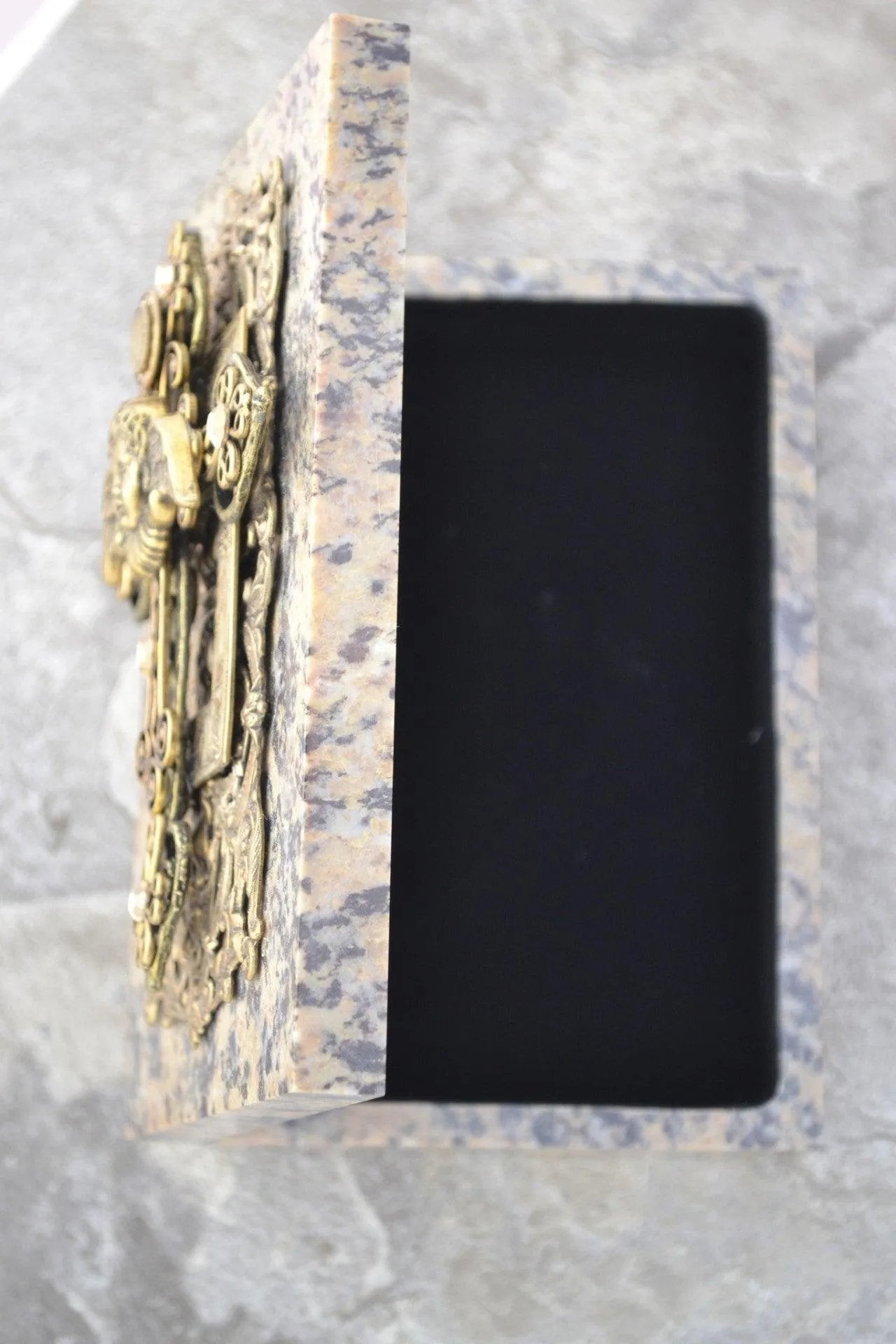 Dacole Designs angel cross soapstone keepsake box with intricate gold cross and black interior