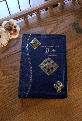 NAB Ornate Brass Jeweled Bible Blue