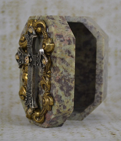 Colorado crystal cross stone box by Dacole Designs with ornate gold and silver cross on lid