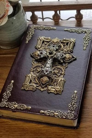 ESV Amethyst Crystals with Ornate Brass Jeweled Bible Mahogany RETIRED