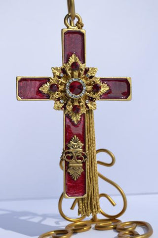 Hanging Cross with Tassel ~ Red and Gold Enameled
