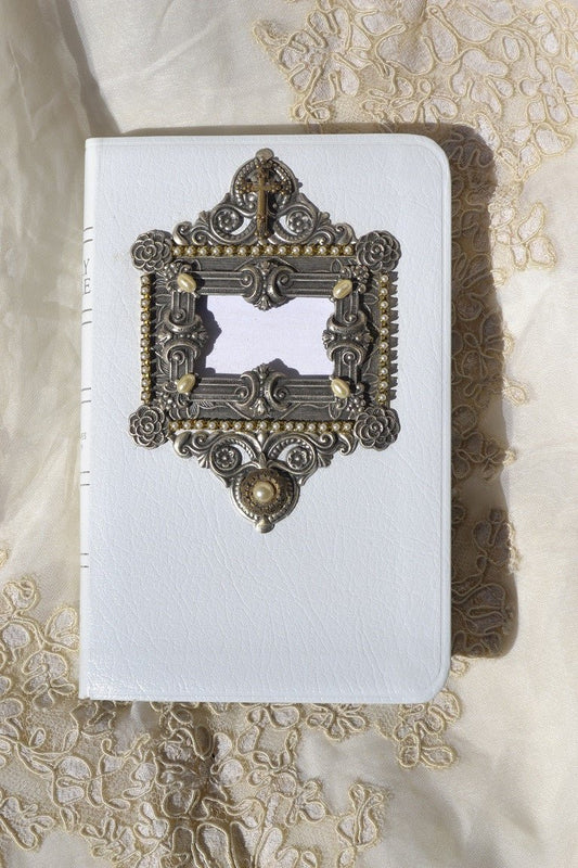 KJV White Compact Bible with a Silver Metal Frame with Faux Pearls RETIRED | DeMartineau