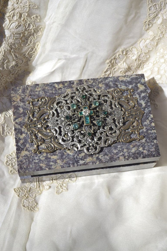 DeMartineau green cross soapstone box with intricate metalwork and green gem embellishments keepsake box