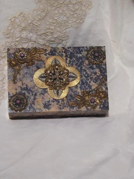 Dacole Designs handcrafted soapstone keepsake box with intricate gold floral decorations