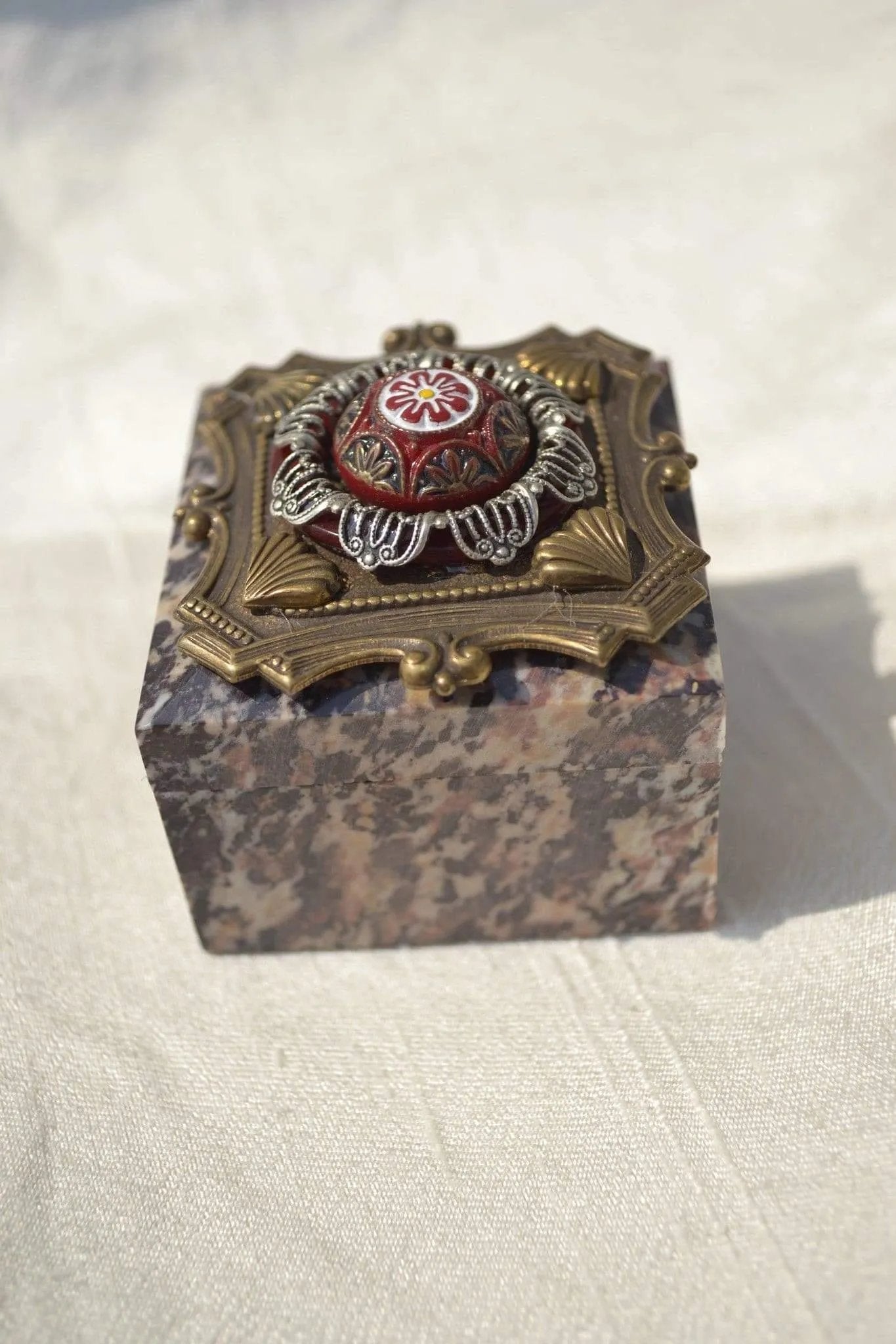 Dacole Designs handcrafted soapstone ring box with ornate decorative lid and detailed metalwork