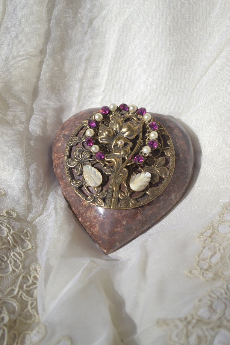 Dacole Designs heart paperweight flower magenta with brass floral design and pearl accents on fabric
