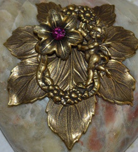 Dacole Designs heart paperweight with cupid and pink flower on antique gold leaves base