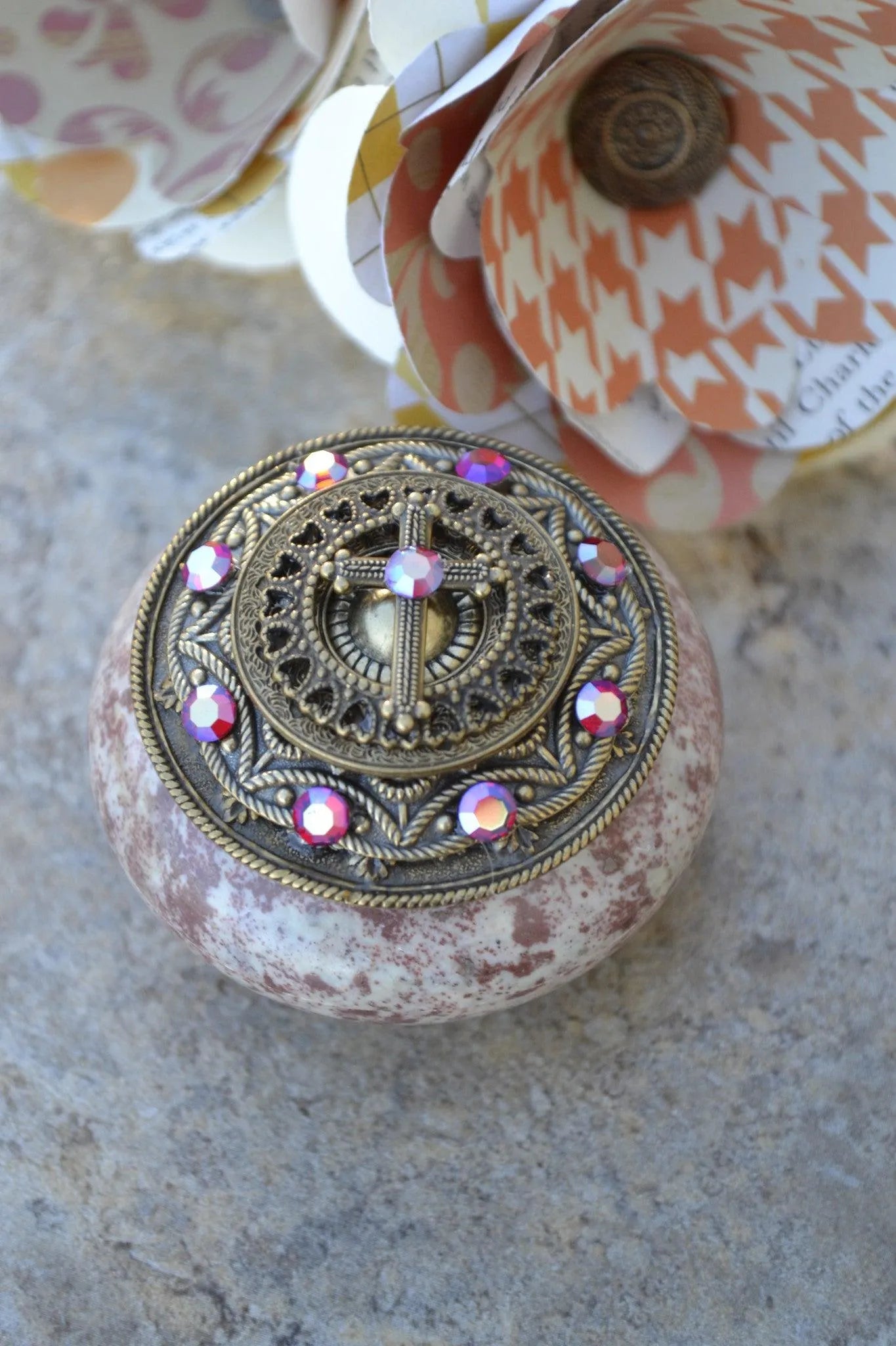 Jo Marz Jeweled Aurora Borealis crystal cross box with ornate metal detailing and decorative gems