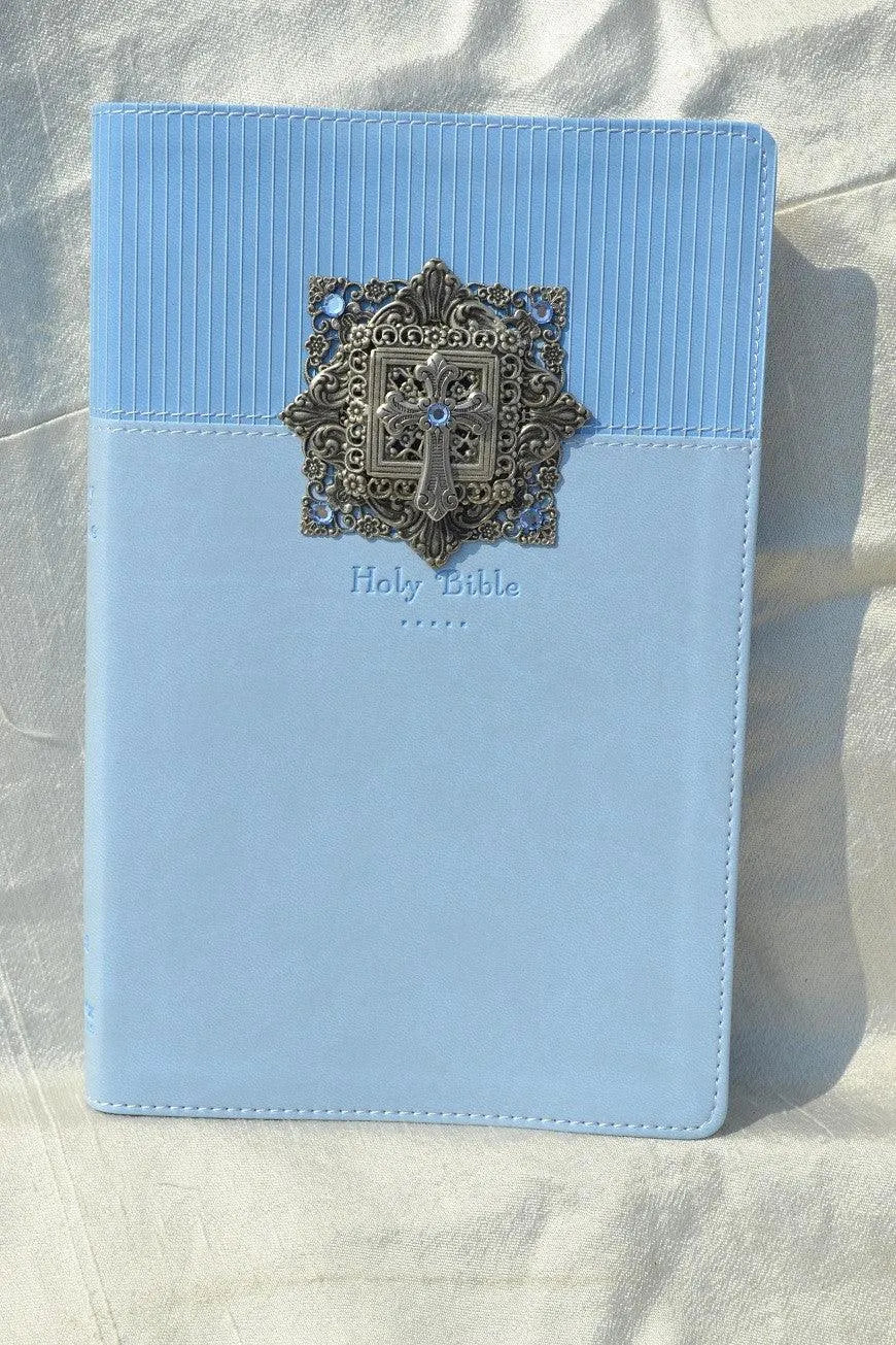 Dacole Designs personal size jeweled baby keepsake Bible in blue with decorative cross emblem
