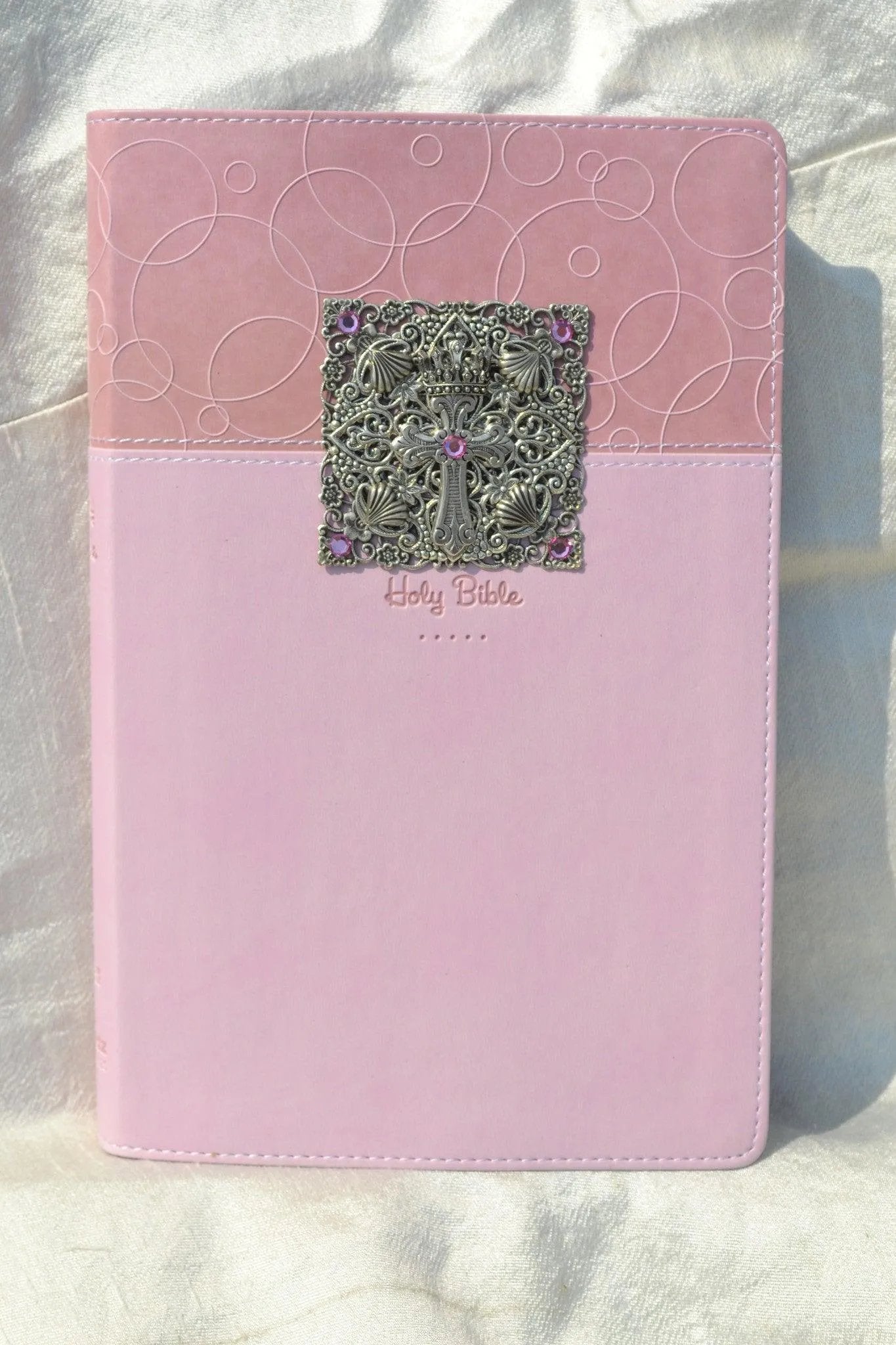 Dacole Designs personal size jeweled baby keepsake Bible with pink cover and decorative jeweled cross