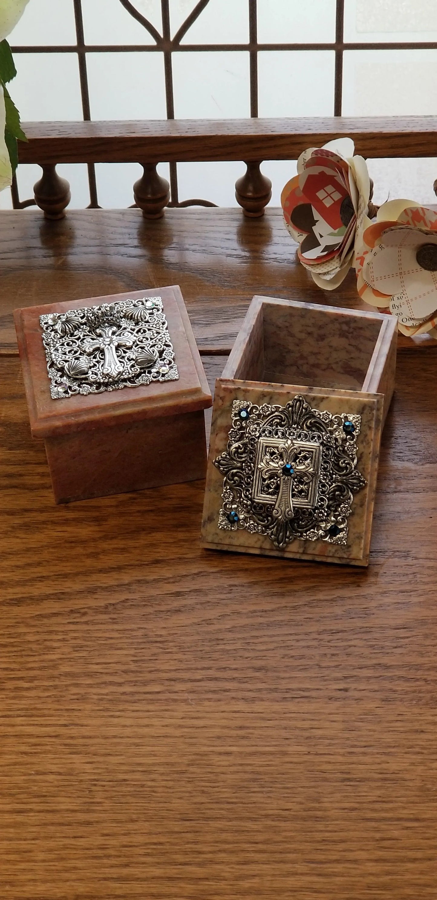 Dacole Designs jeweled baby keepsake box with ornate silver cross and blue jewel accents on wood