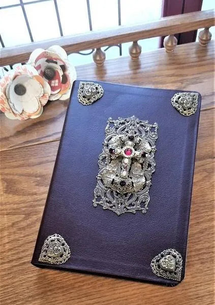 Personal size jeweled Bible with brass accents by Dacole Designs on wooden table