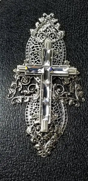 Dacole Designs jeweled Bible with crystal cross featuring intricate silver filigree on black background