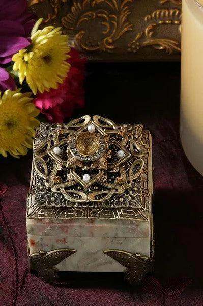 Jo Marz jeweled butterfly ring box with intricate metalwork and gemstone details on a decorative keepsake box