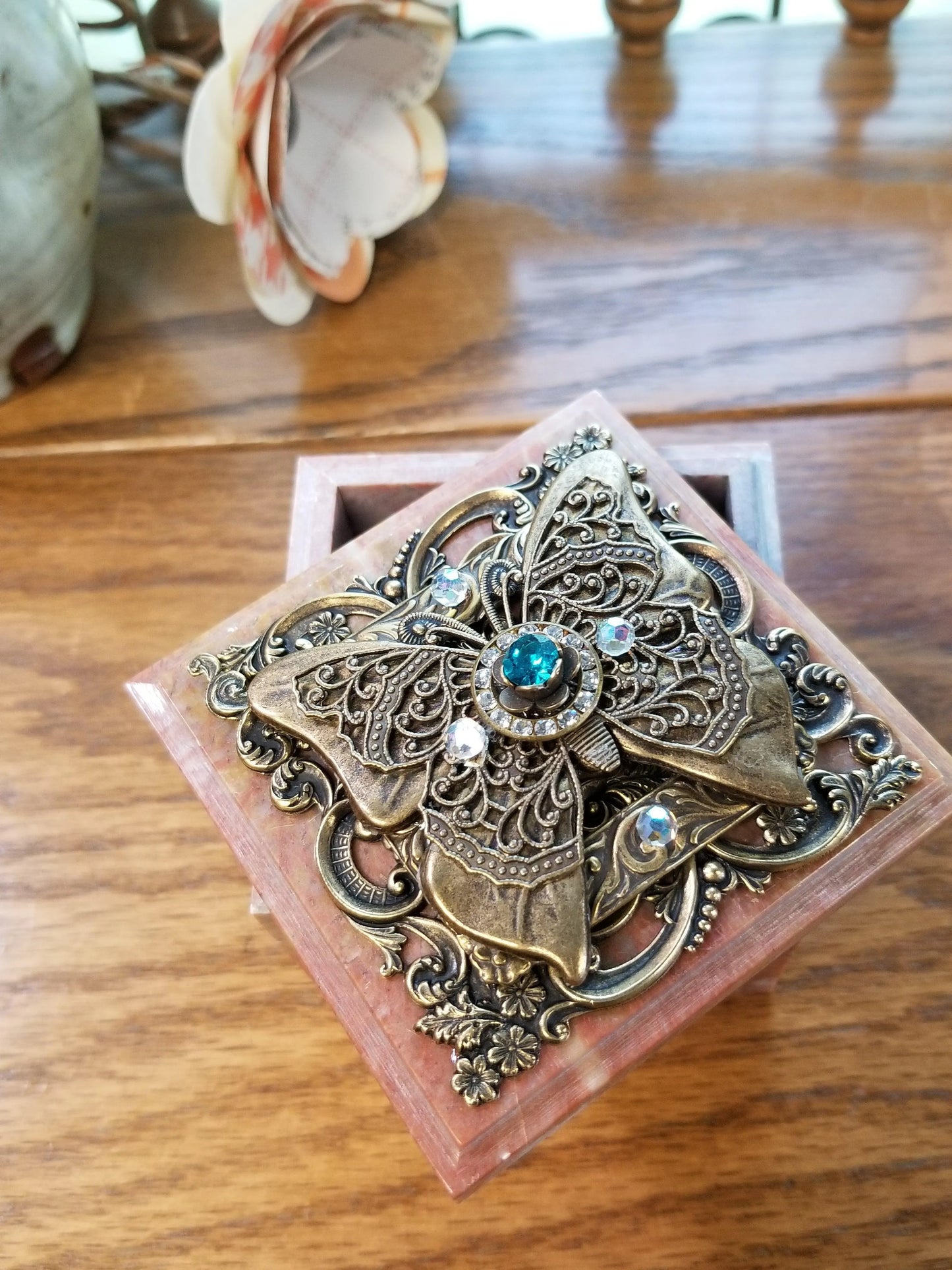 Dacole Designs jeweled butterfly soapstone box with ornate metal butterfly and gemstone accents