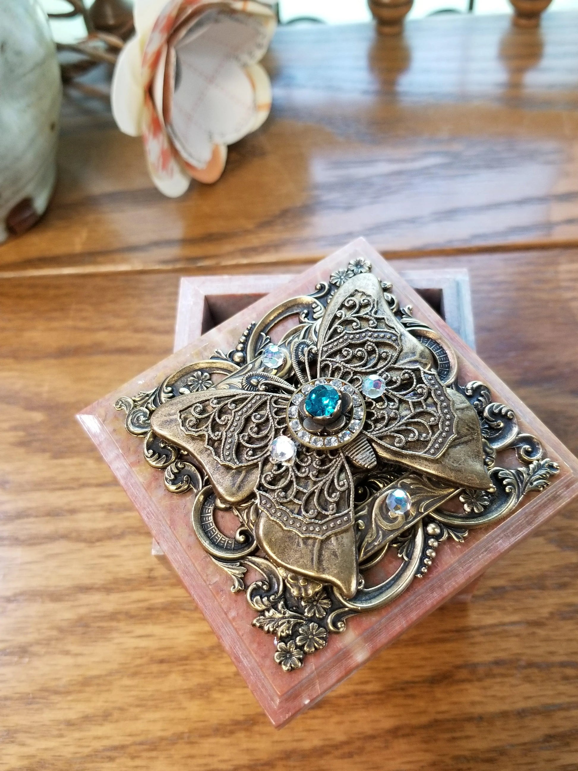 Dacole Designs jeweled butterfly soapstone box with ornate metal butterfly and gemstone accents