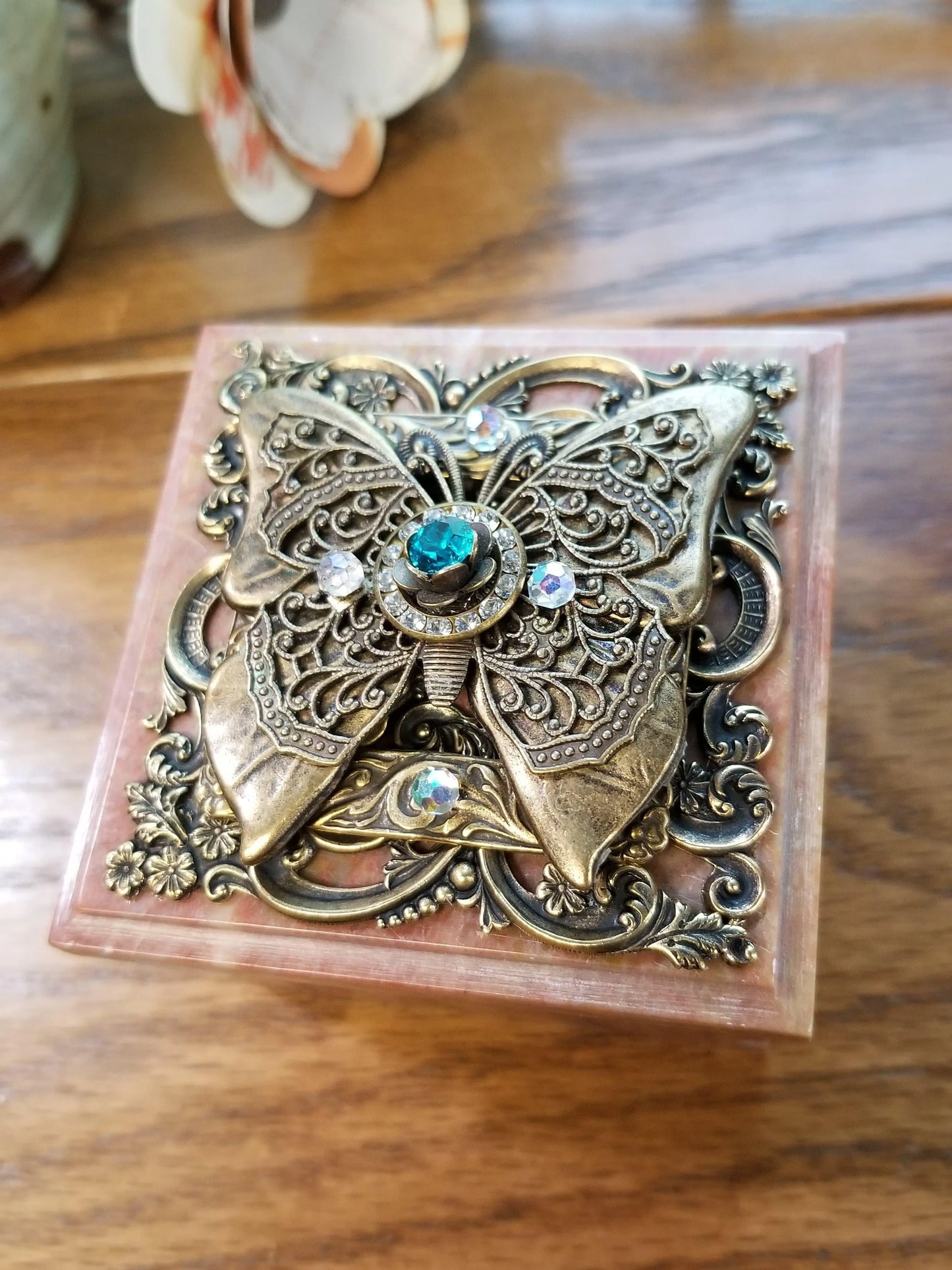 Dacole Designs jeweled butterfly soapstone box with ornate metal butterfly and gemstone accents