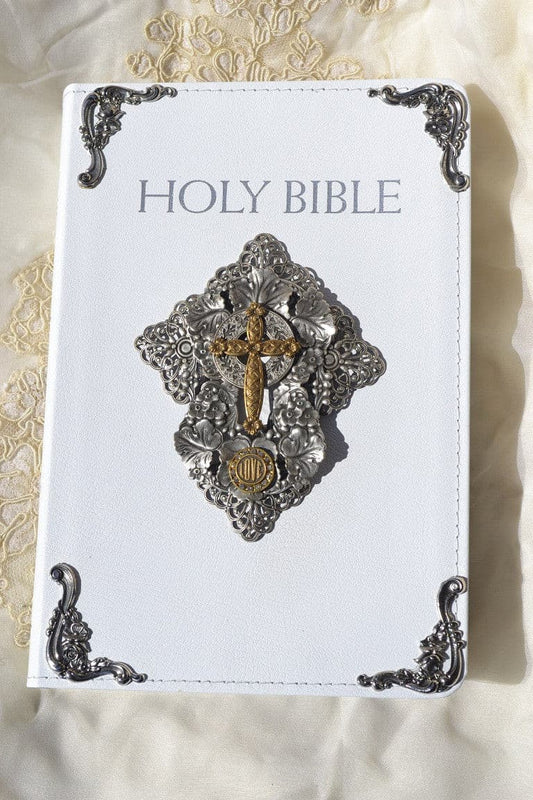 Dacole Designs jeweled Catholic bride Bible with white cover and ornate silver and gold cross decoration