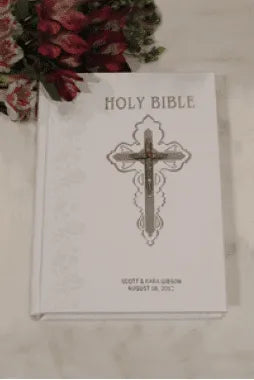 Jeweled Catholic wedding Bible family size with white cover and decorative cross by Dacole Designs