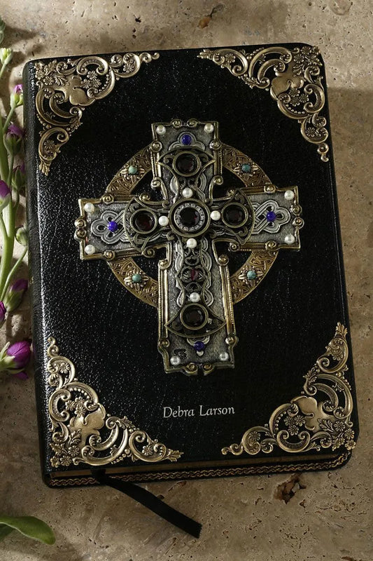 Jo Marz personal size jeweled Celtic cross Bible with ornate metal corner accents and black cover