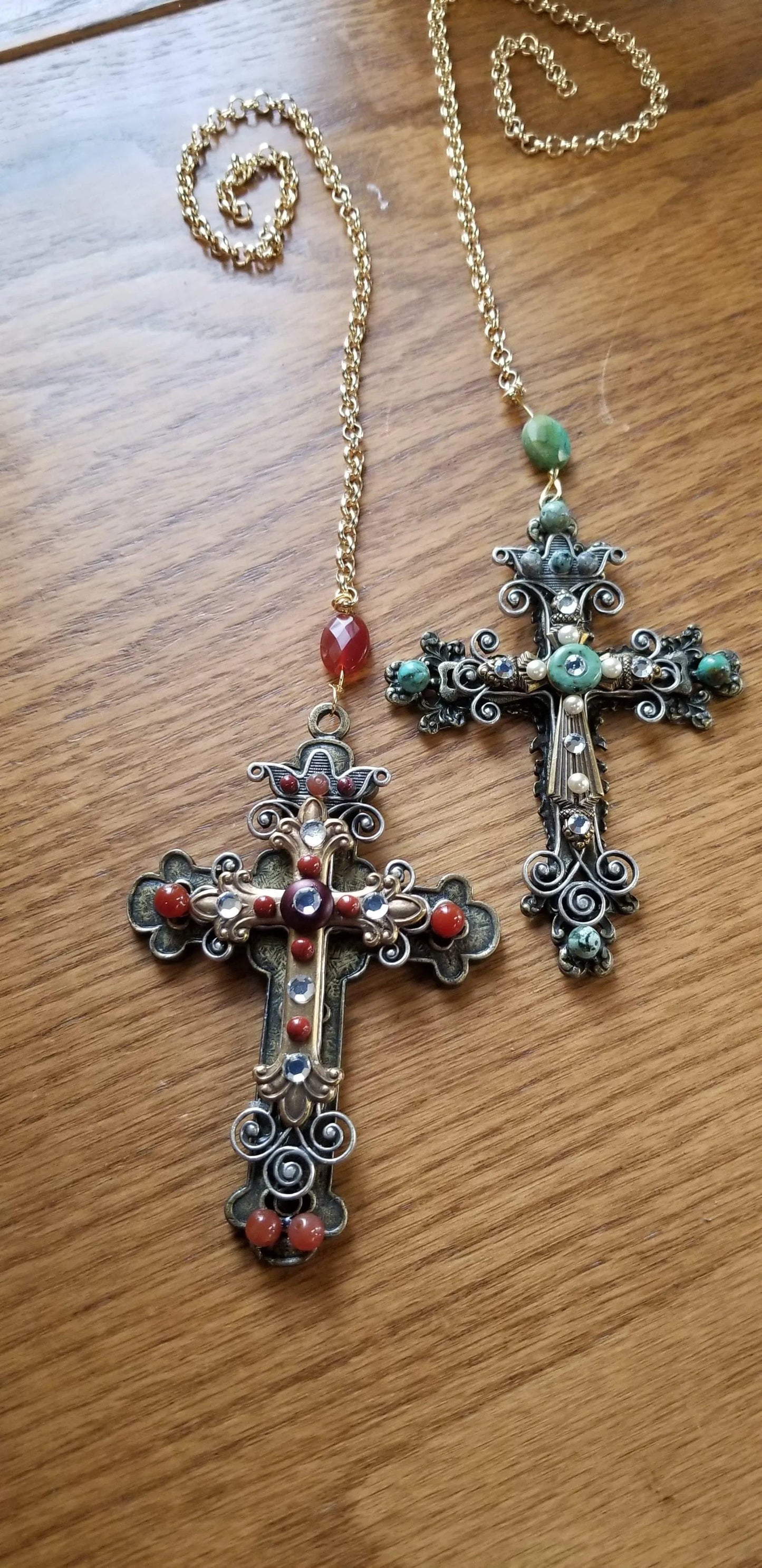 Dacole Designs jeweled cross ornament wall crosses with colorful stones and intricate metalwork on gold chains