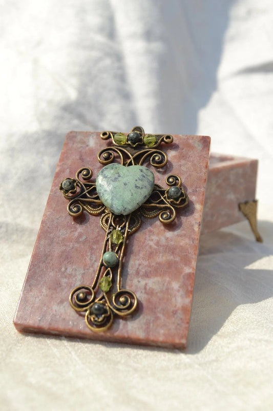 Jo Marz jeweled cross soapstone box with intricate metalwork and green heart-shaped stone detail