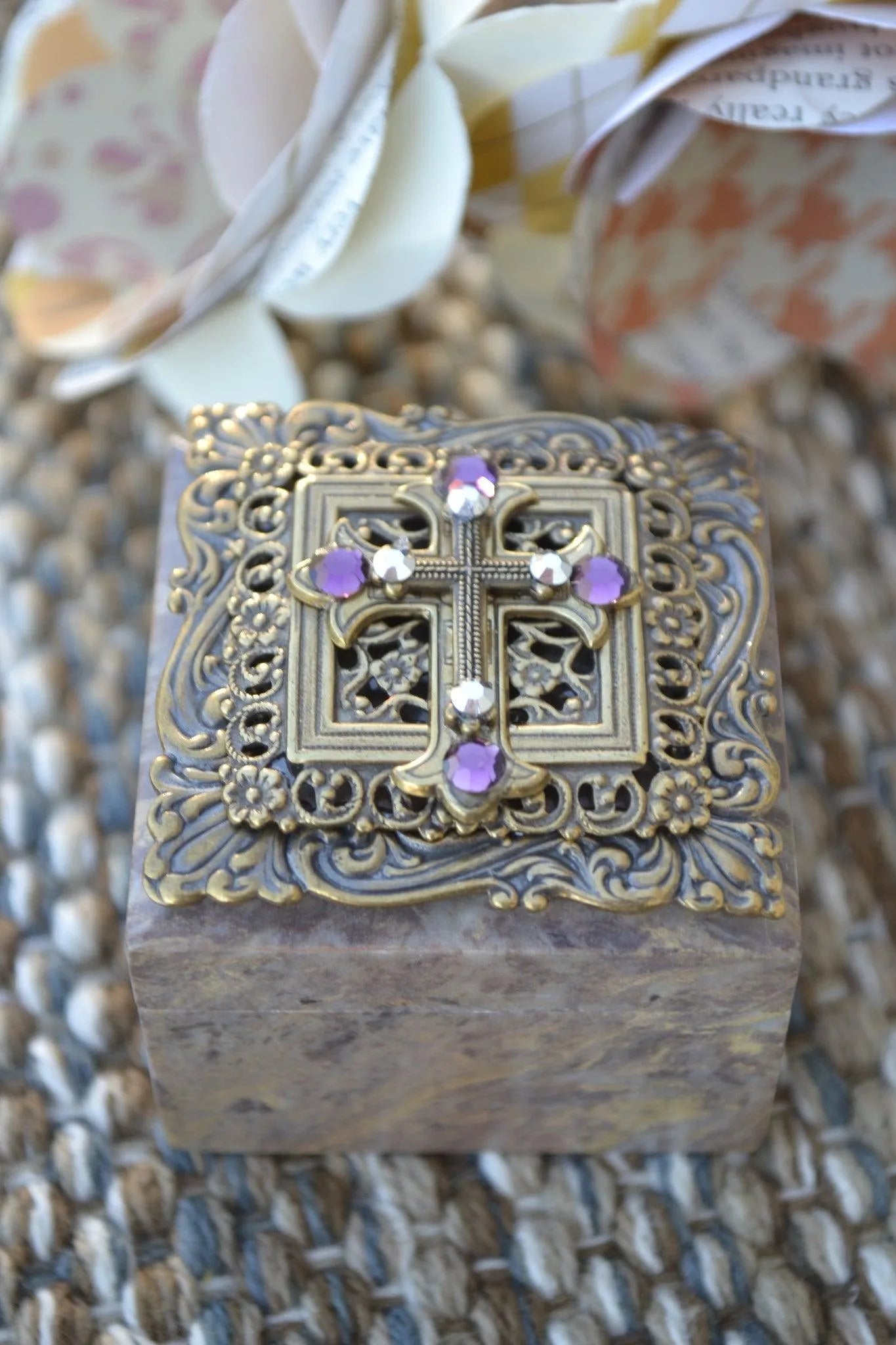 Jo Marz jeweled crystal cross box with ornate gold detailing and purple crystal accents keepsake box