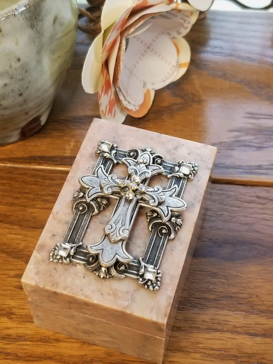 Jeweled faith keepsake box by Dacole Designs with decorative silver cross on marble finish