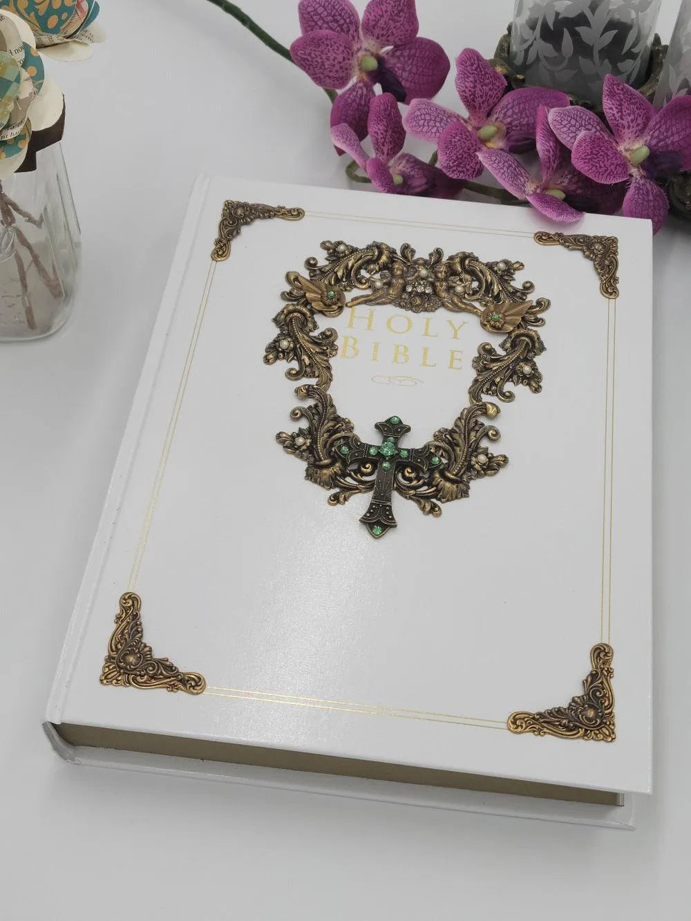 Dacole Designs family size jeweled family Bible keepsake with ornate gold and green jeweled cross on white cover