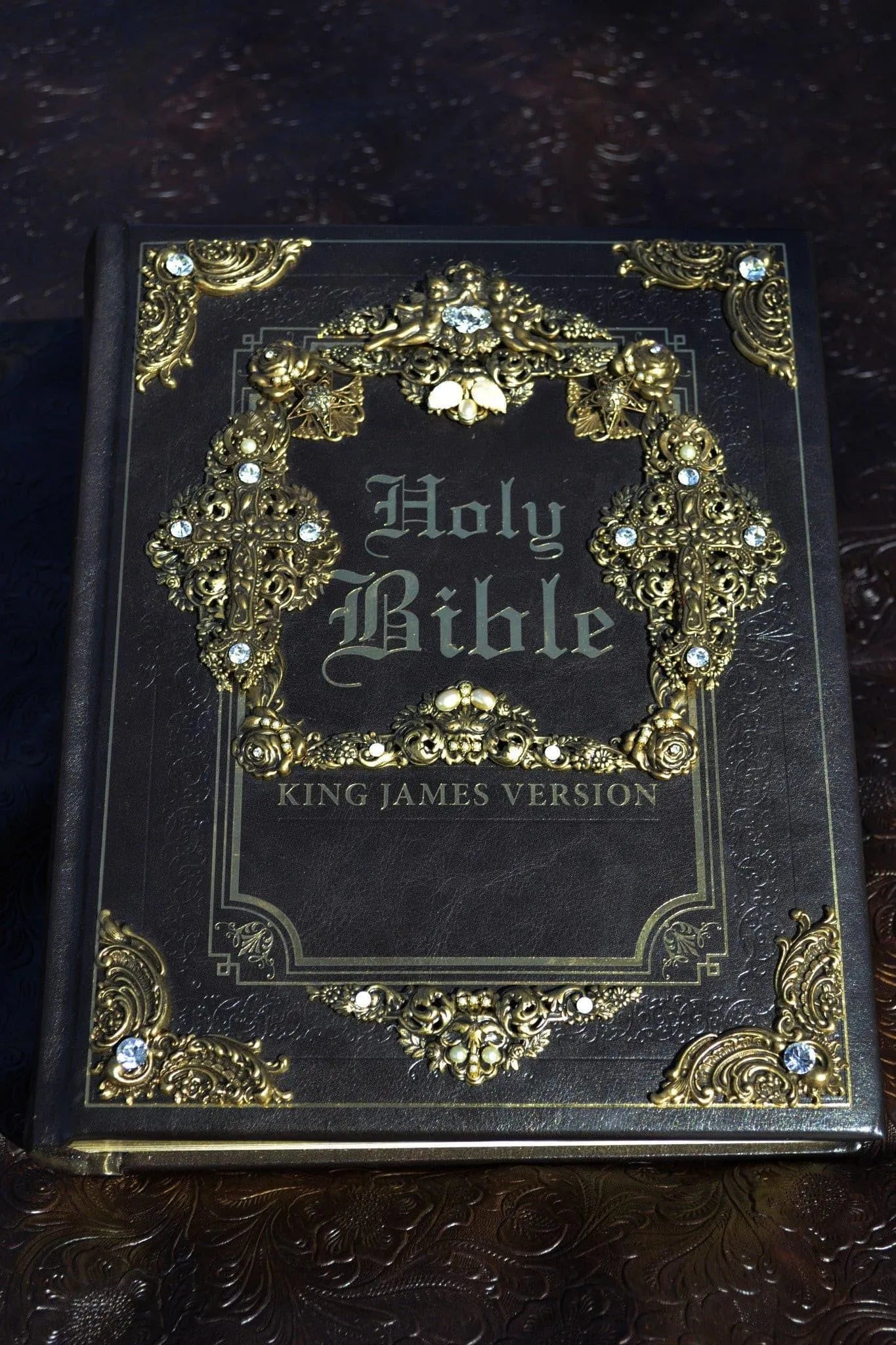 DeMartineau jeweled family Bible KJV with ornate gold and jewel embellishments on black cover