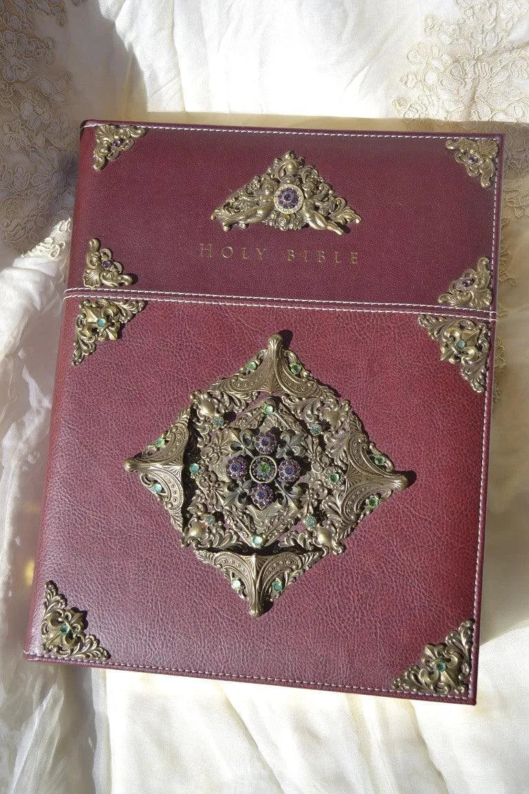 Dacole Designs Family Size jeweled family Bible with ornate gold and gemstone decorations on burgundy cover