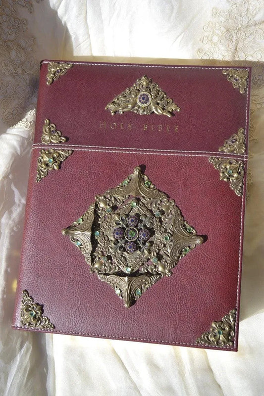 Dacole Designs Family Size jeweled family Bible with ornate gold and gemstone decorations on burgundy cover