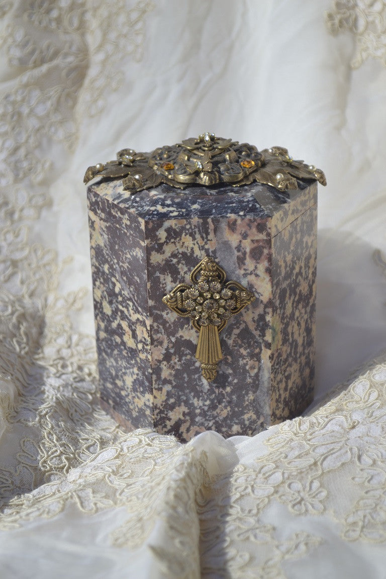 Dacole Designs jeweled hexagon soapstone faith box with ornate gold-tone cross and floral detailing
