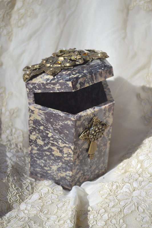 Dacole Designs jeweled hexagon soapstone faith box with intricate metal cross decoration and hinged lid