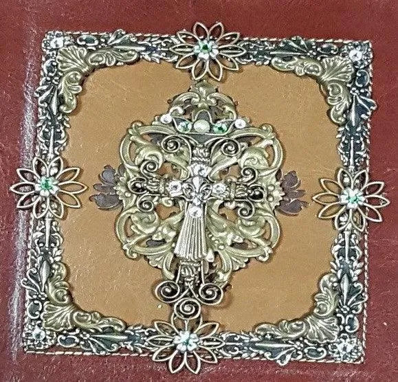 Dacole Designs jeweled KJV Bible floral cross with ornamental metalwork and green gemstone accents