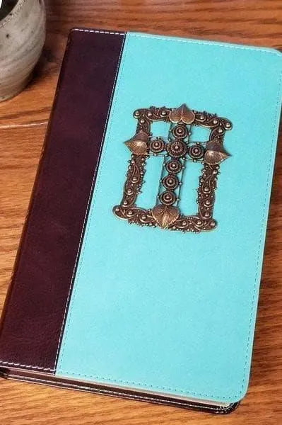 Dacole Designs jeweled KJV Bible giant print teal with decorative cross on teal and brown cover