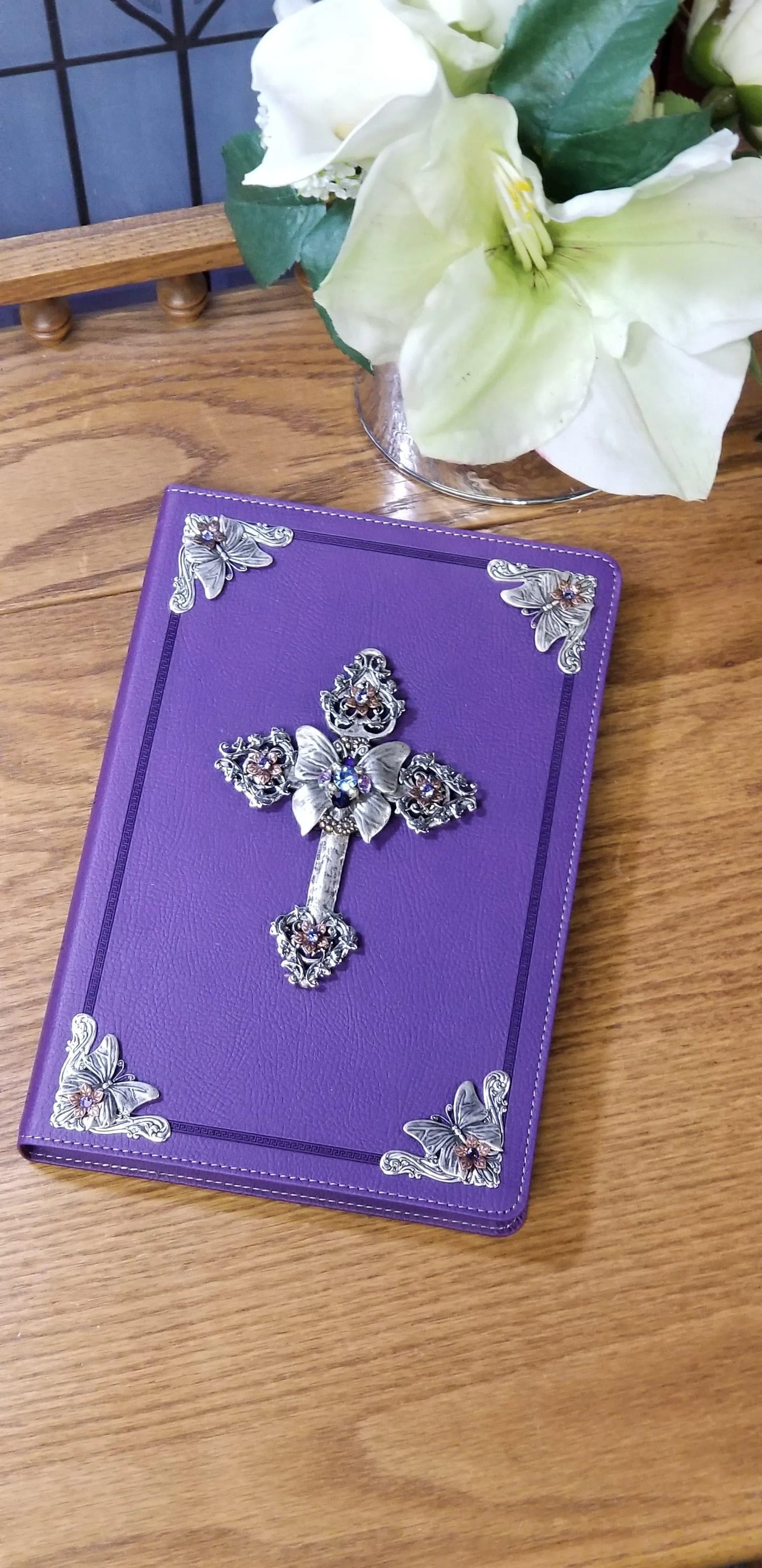 Jo Marz jeweled KJV Bible large print purple personal size with ornate silver cross and corner decorations