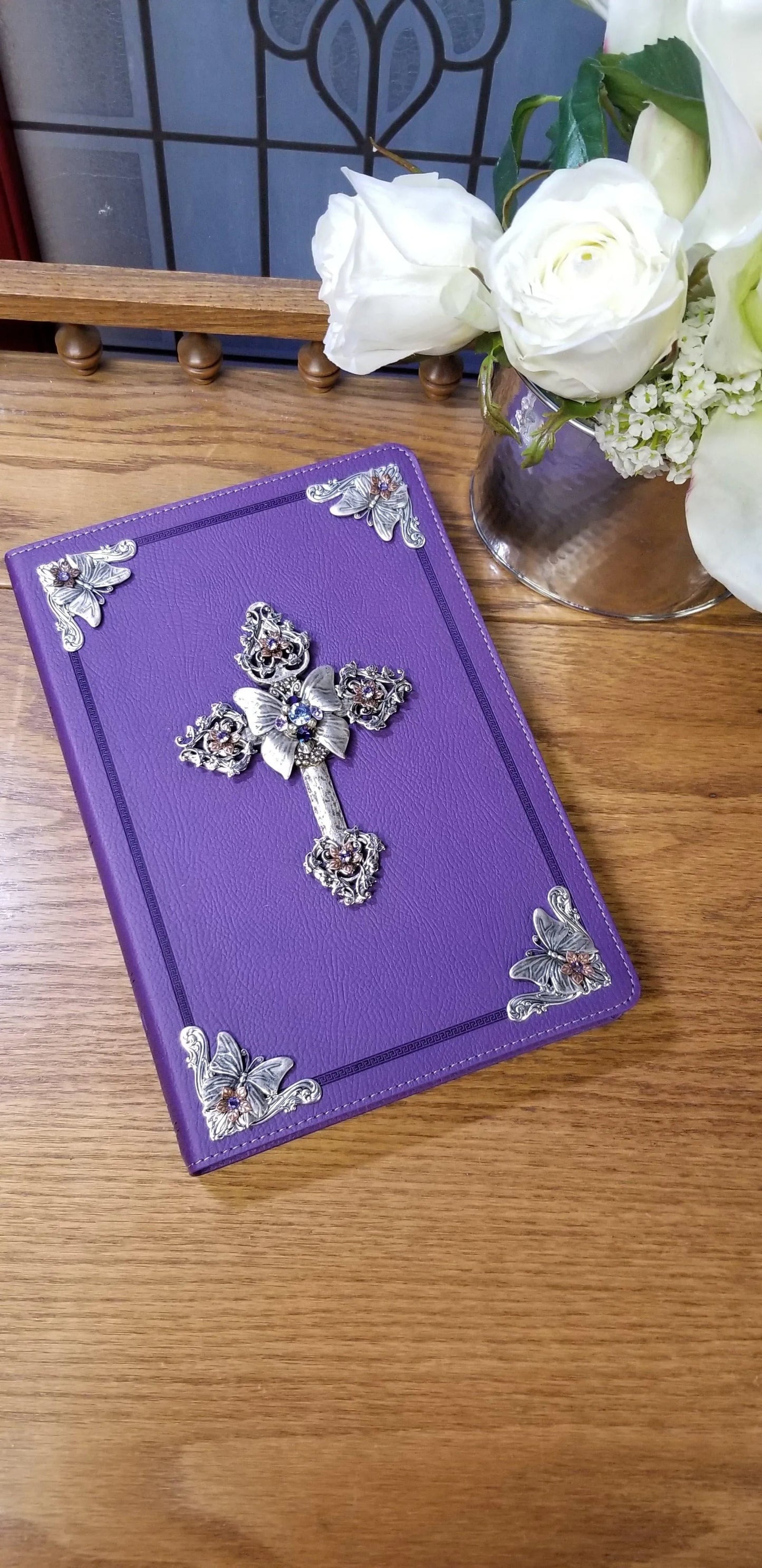Jo Marz personal size jeweled KJV Bible large print with purple cover and silver decorative cross