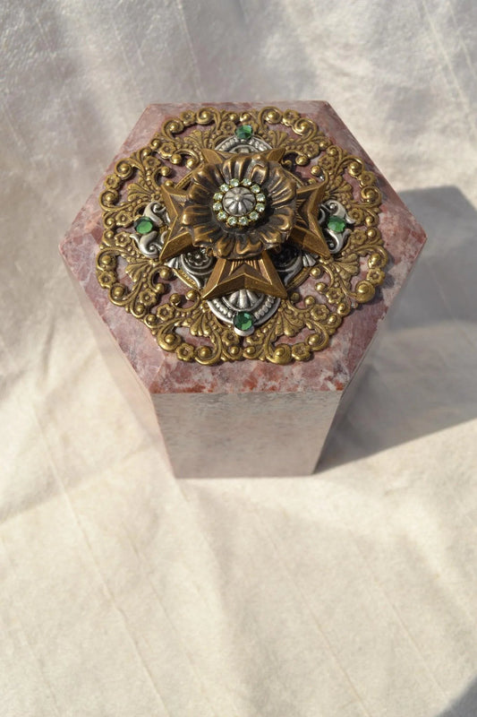 Jo Marz jeweled Maltese cross keepsake box with intricate gold and green detailing on hexagonal stone base